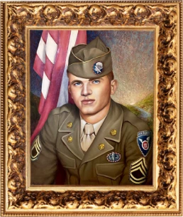Framed portrait of Ray Ellison in military uniform with text below: 1948, Red White & Blue Founder Ray Ellison.