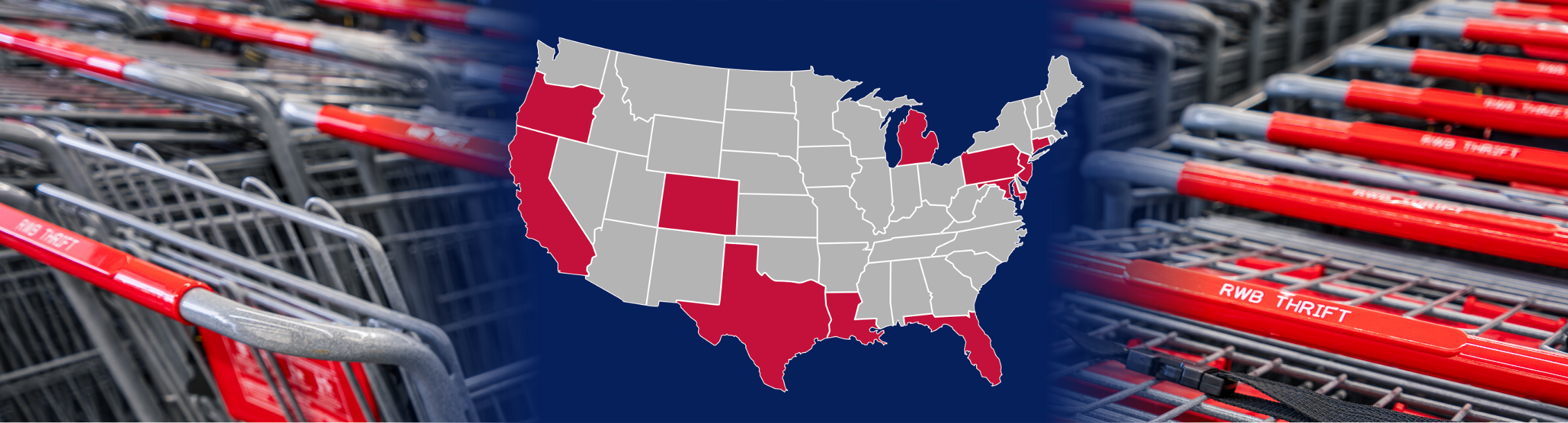 Map of the United States highlighting states with RWB Thrift locations, overlaid on shopping carts.