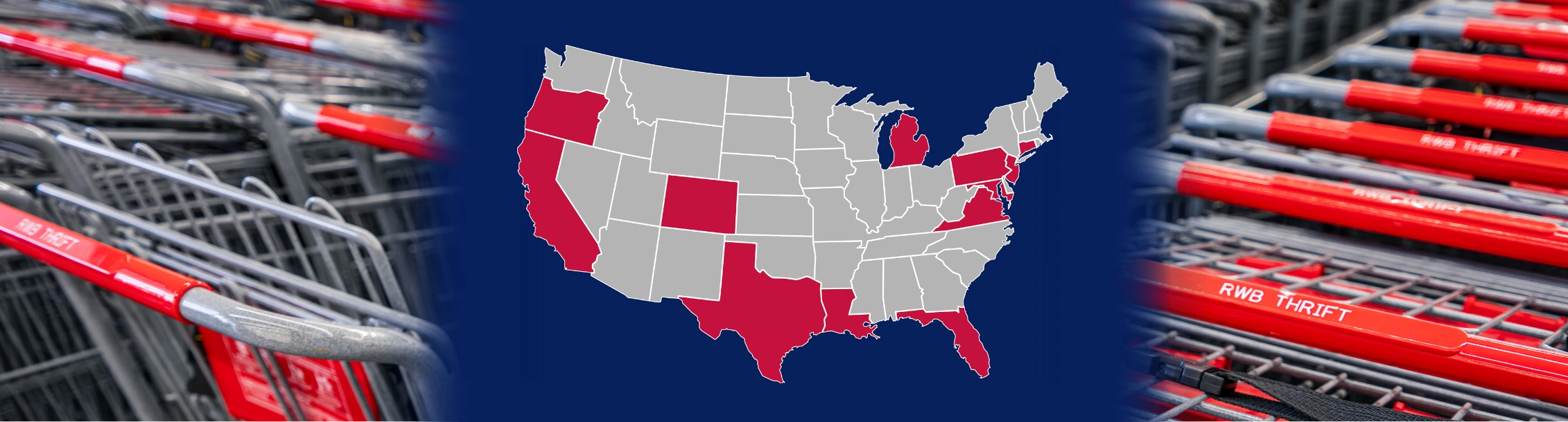Map of the United States highlighting states with RWB Thrift locations, overlaid on shopping carts.