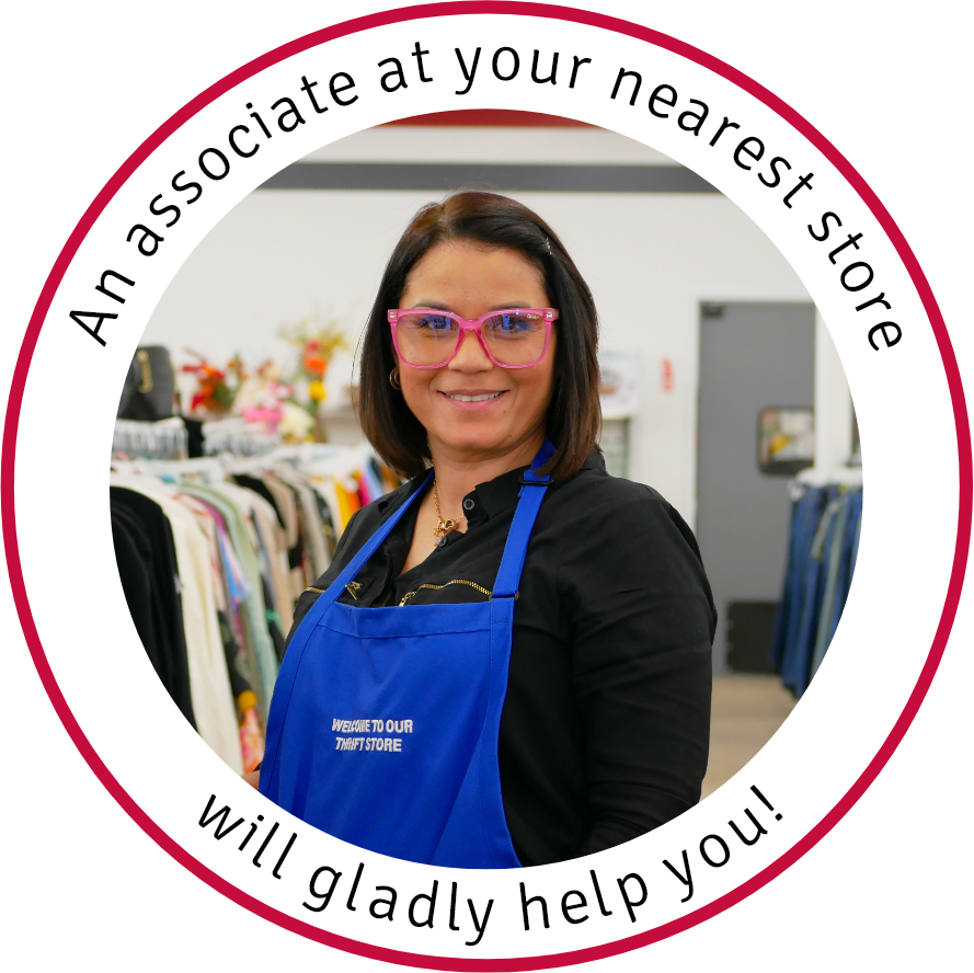 RWB Thrift employee wearing glasses and a blue apron smiling inside the store, with text around the circle reading: ‘An associate at your nearest store will gladly help you.’