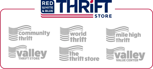 Logos of Red White & Blue Thrift Store and its affiliated thrift brands, including Community Thrift, World Thrift, Mile High Thrift, Valley Thrift Store, The Thrift Store, and Valley Value Center.
